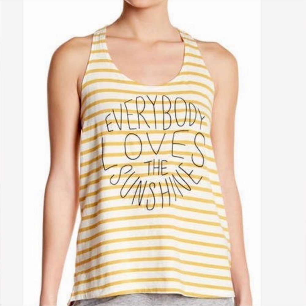 Sundry Yellow & White Striped Graphic Tank Top “Everybody Loves the Sunshine”